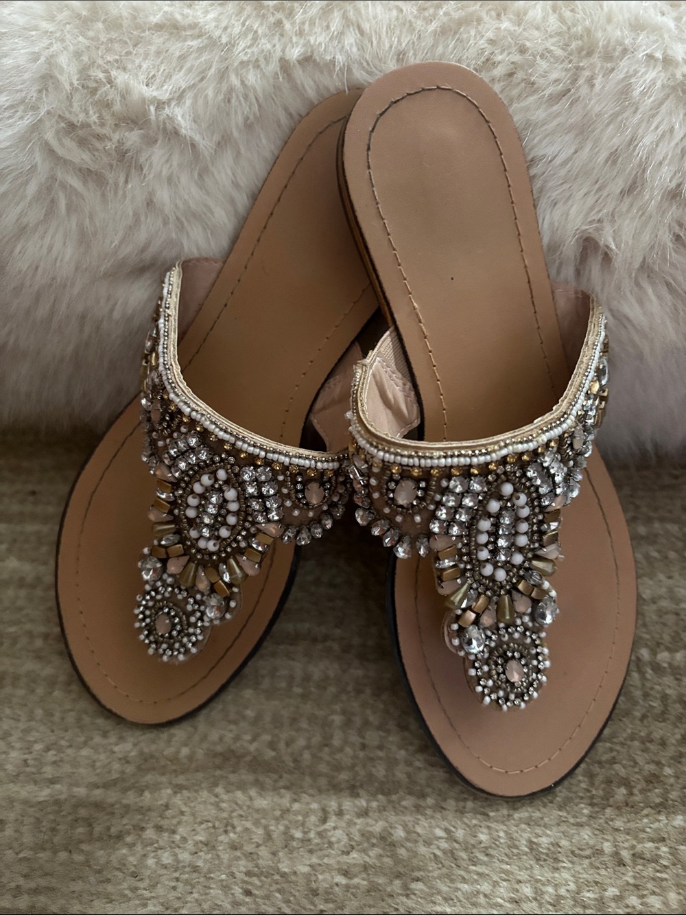 Madeline Tan Beaded Thong Sandals with Crystal Accents